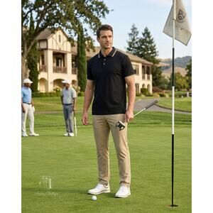 Manfinity Men’s Polo Shirt Short Sleeve Black Gold White Accents Size XXL NWOT